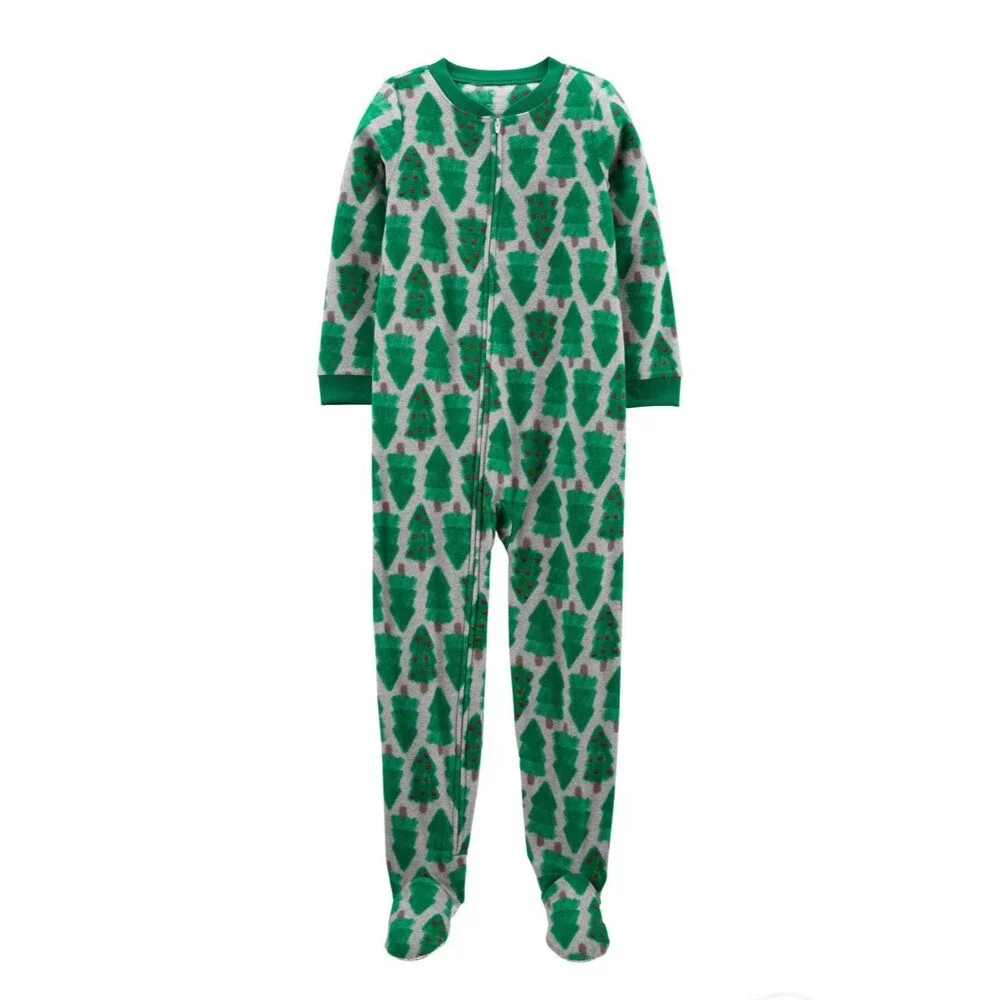 Fleece Footed Pajama Pjs One Piece Sleeper Christmas Tree Zip Footie Cozy 5T 5